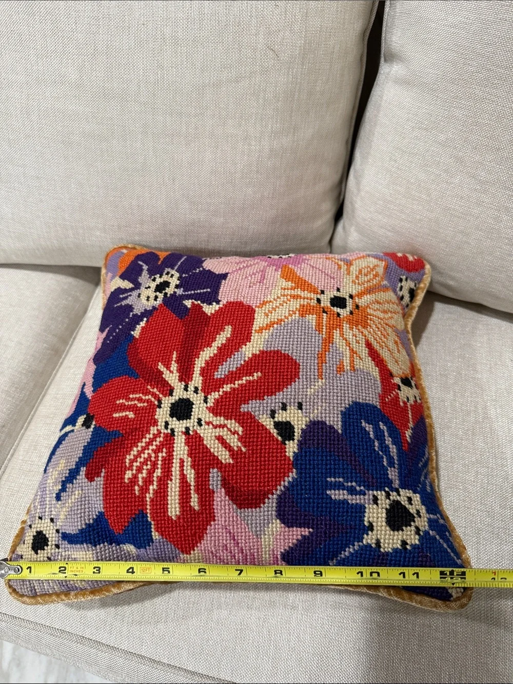 Floral Needlepoint Throw Pillow hand made stitch in Red, Blue & Orange vintage